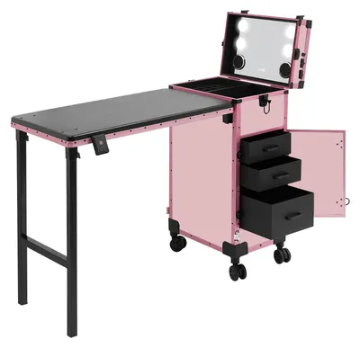 Produktbild von Rollbarer Manikürtisch und Schminkkoffer - Kosmetiktrolley mit Spiegel - 3 Schubladen - Faltbar - 50 kg Tragkraft - Rosa