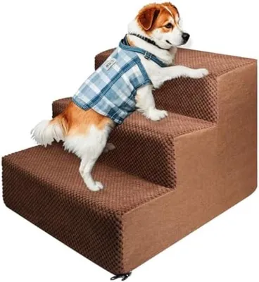 Produktbild von PolkaHome® Haustiertreppe für kleine Hunde und Katzen – 3 Stufen, abnehmbare waschbare Plüschhülle, rutschfeste Unterseite, 60 x 40 x 30