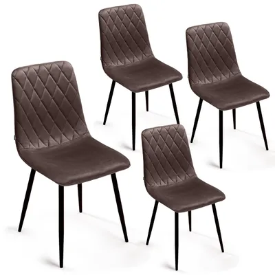 Four brown velvet dining chairs with diamond tufting and black metal legs are arranged on a white background.