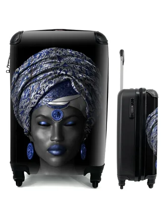 Produktbild von MuchoWow® Koffer Handgepäck Trolley Rollkoffer Kleine Reisekoffer mit 4 Rollen - Frau - Kopftuch - Blau - Cabin Size < 55x40x23 cm & 55x40x20 cm - Fotokoffer - Kabinenkoffer - Boardgepäck - Reise-Box - Reisekoffer - Reisegepäck - Koffer mit Bild - Trolley für Kinder