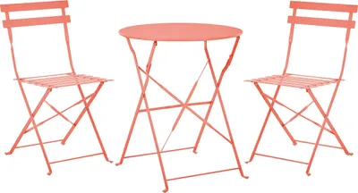 A coral-colored metal bistro set with a round table and two chairs, set against a white background.