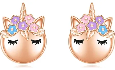 Productafbeelding van Eenhoorn oorbellen, zilver 925, rosékleur, 10,5 mm x 11,4 mm, hypoallergeen