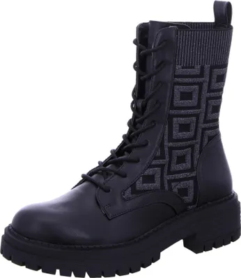 A black lace-up boot with a patterned shaft.