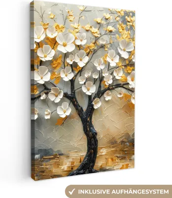 Produktbild von MuchoWow® - Leinwandbilder - Baum - Blumen - Gold - Beige, Wandbild, Wanddeko Bilder Wohnzimmer, 80x120 cm