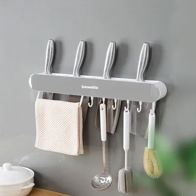 Produktbild von Wandorganizer mit 7 Haken – Selbstklebende Aufbewahrung – 35 cm – Bad & Küche – Weiß/Grau [BW3012]