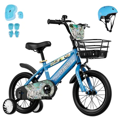 Produktbild von Habib Bicycle Dino Jungenfahrrad 12" 14" 16" | Set mit Schutzpads & Pumpe, Blau / 12 zoll