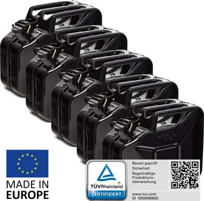 Produktbild von BW® Kraftstoffkanister Metall Benzinkanister 5x 10 Liter - Schwarz RAL 9005 - UN-Zulassung - Hergestellt in Europa