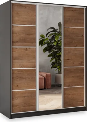 Produktbild von Masseno Schiebetürenschrank NATA 160/205/58 cm Kleiderschrank mit 4 Schubladen Schlafzimmer Schrank 3-türig mit Spiegel Schwarz / Eiche Lefkas