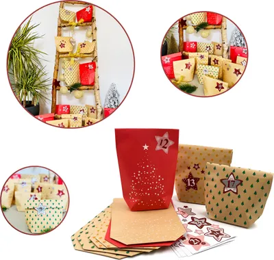 Produktbild von Oblique Unique DIY Adventskalender Set - 24 Tüten + 24 Zahlen Sticker Aufkleber in Stern Form für Advent Weihnachten