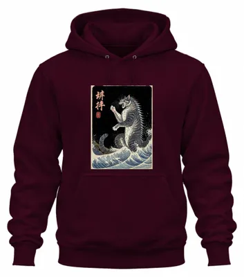 Obrázok produktu pre Mikina s kapucňou "Kampfkatze Ukiyoe Meereswellen", japonský vintage dizajn, farba: bordová, veľkosť: XL