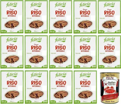 Produktbild von 14x Felicia Penne di Riso Integrale,Pasta mit 100% braunem Reis aus der italienischen Lieferkette,Bio und Natürlich Glutenfrei,Packung mit 340g + Italian Gourmet Polpa di Pomodoro 400g Dose