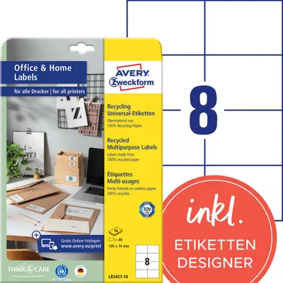 Produktbild von Avery Zweckform LR3427-10, Recycling Universal-Etiketten, A4, 105 x 74 mm, 80 Etiketten / 10 Bögen, naturweiß