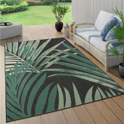 Produktbild von Outdoor Teppich Wetterfest Balkon Palmen Dschungel Florales Boho Muster Grün Grösse 160 cm Rund