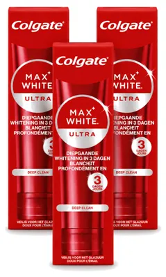 Imagen del producto de 3 tubos de pasta dental Colgate Max White Ultra Deep Clean, blanqueadora, de 75 ml. Paquete económico con 3 unidades