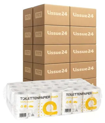 Produktbild von Toilettenpapier, 3-lagig aus Zellstoff - 64 Rollen pro VE, Palettenware (33 VE) , weich & reißfest für Großverbraucher