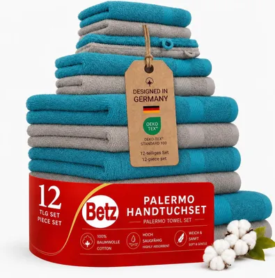 Produktbild von Betz 12-TLG. Handtuch-Set Palermo 100% Baumwolle 2 Liegetücher 4 Handtücher 2 Gästetücher 2 Seiftücher 2 Waschhandschuhe Farbe Petrol und Stone