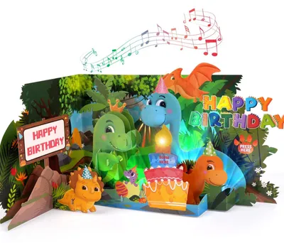 Obrázek produktu pro Přání k narozeninám dinosaurus - Hudební přání - 3D vyskakovací - Se světlem a hudbou - Pro milovníky dinosaurů