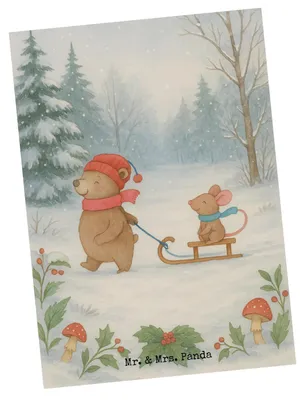 Produktbild von Mr. & Mrs. Panda Postkarte Bär und Maus Schlitten Design - Weiß - Geschenk, Weihnachten, Motivkarte, Ansichtskarten, Ansichtskarte, bildkarte, Postkarten