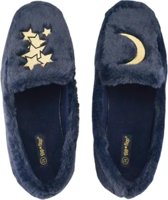 Immagine prodotto di Infradito da donna Lola: comode pantofole in stile mocassino blu navy con pelliccia, taglia 40