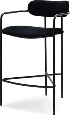 A black bar stool shown from a three-quarter angle against a white background.
