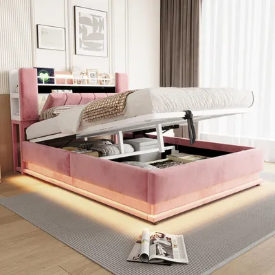 Produktbild von MODFU Hydraulisches Polsterbett 140 × 200 mit Samtbezug, Doppelbett mit LED-Beleuchtung und USB-Anschlüssen, Jugendbett mit Kopfteil-Stauraum, ohne Matratze, Rosa