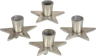 Produktbild von Antik Silber Kerzenständer Sternform Set 4 - Advent Deko Stabkerzenhalter, 4 Stück