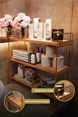 Produktbild von Skye Decor, Masa Üstü 3 Katlı Organizer, Servis Rafı, Wandregale, Gold, Holz, 40 x 40 x 16 cm