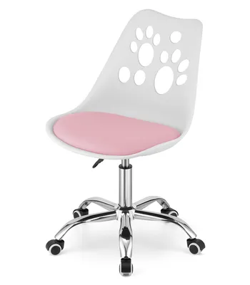 Image de Chaise pivotante avec roulettes, réglable Chaise de bureau avec dossier, polypropylène plus coussin en similicuir, structure chromée, blanc et rose