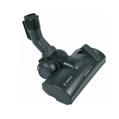 A black vacuum cleaner floor nozzle with a hose attachment, shown at an angle against a white background.