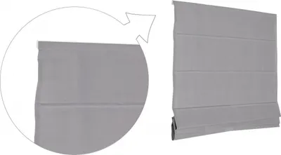A gray Roman blind is shown against a white background, with a close-up inset of the top edge.