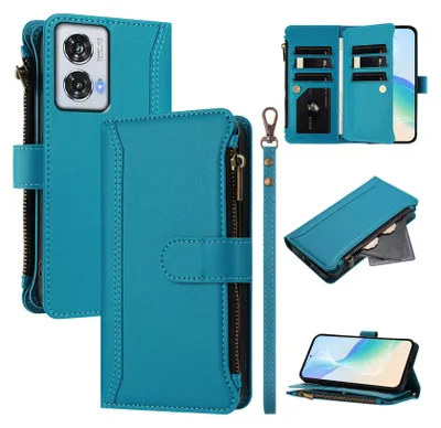 Immagine prodotto di Custodia per Motorola Moto Edge 50 Fusion, con cerniera, portafoglio in Finto cuoio flip con tasche per carte, supporto e passante per mani Lake blu