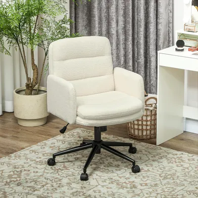 Image de Chaise de bureau en tissu bouclé, chaise pivotante avec accoudoirs, chaise de bureau à fonction basculante, blanc crème | 65 x 61,5 x 101 cm | Vérin à gaz classe 3 | 5 roulettes