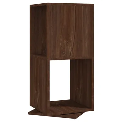 A brown wooden cube shelf unit with an open section.