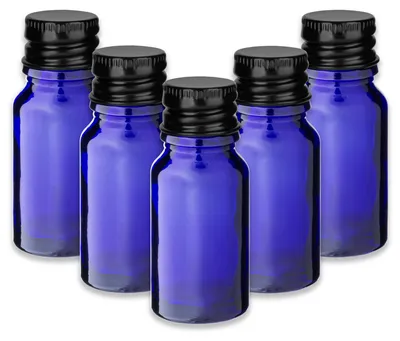 Produktbild von 5x Blaue Glasflasche 10 ml mit schwarzem Aluminium Schraubverschluss