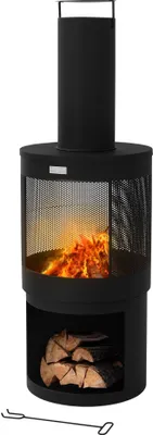 Produktbild von ML-Design Gartenkamin mit Schornstein, 131x45 cm rund, Schwarz, Stahl, Outdoor Terrassenofen mit Schürhaken, abnehmbarem Dach, Holzablage