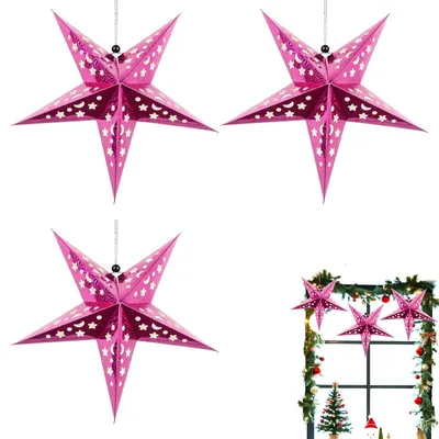 Productafbeelding van Papiersterren - Set van 3 om op te hangen - Decoratie - Roze - 45 cm
