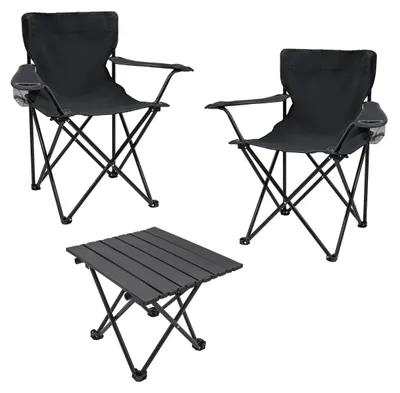 Produktbild von Camping Sitzgruppe 3-teilig mit Aluminium Klapptisch und Tragetasche - schwarz - Garten Tischgruppe mit 2 Campingstühlen bis 100kg