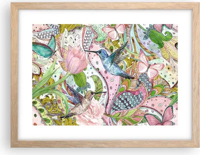 Produktbild von Gerahmtes Poster - Rahmen in heller Eiche - Vogel Schmetterling Blume - 40x30 cm - Wand Bild - Wanddeko - Wandbilder - Wandposter - Bilderrahmen - Bilder - Kunstdruck - Wandbild - P2NAA40x30-4065