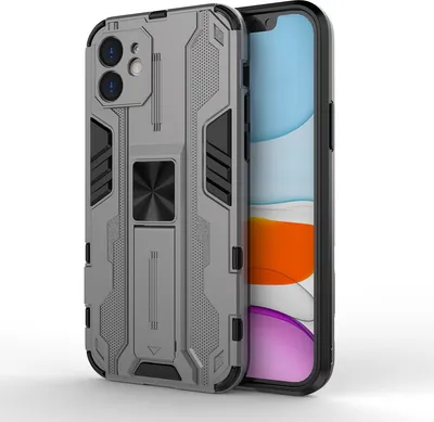 Produktbild von iPhone 12 Hülle, Dual Layer PC TPU Bumper Stoßfest Ständer Schutzhülle für iPhone 12 Grau