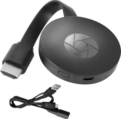 A black wireless HDMI dongle with its cables is displayed against a white background.