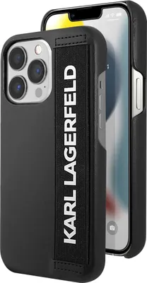 A black iPhone case with a Karl Lagerfeld elastic strap is shown diagonally against a white background.