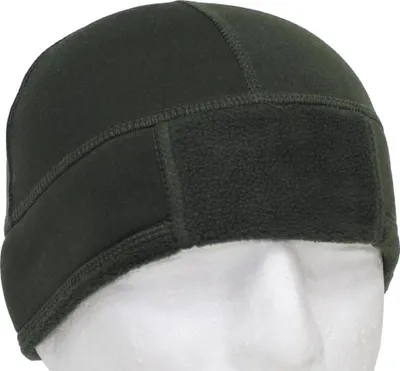 A close-up studio shot of a dark green fleece beanie.