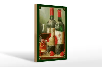 Produktbild von Holzschild Kunst 20x30cm Stillleben Rotwein Erdbeeren Obst