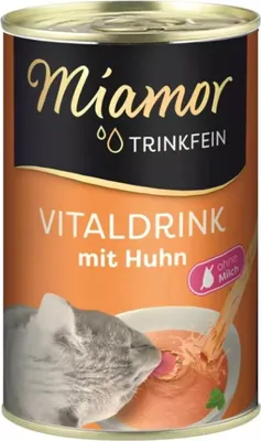 A can of Miamor Trinkfein Vitaldrink mit Huhn cat food.
