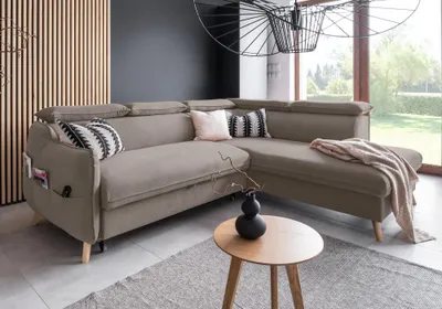 Produktbild von MIUFORM Sweet Harmony - Ecksofa mit Bettfunktion und Bettkasten L-FORM RECHTS - 253x208cm - Velours Dunkelbeige - Sofa Schlafsofa Couch