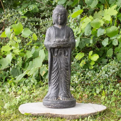 Produktbild von Buddha Figur stehend Kerzen Skulptur Stein Lavasand Bali Buddha Gott Garten Deko Teelichthalter 50 cm