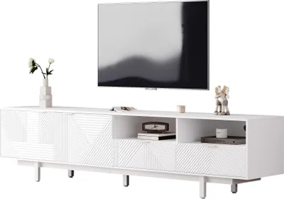 Image de Meuble TV bas avec 2 portes et 2 tiroirs, 2 compartiments et pieds métalliques, 200 x 40 x 51 cm, blanc