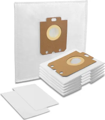 A collection of vacuum cleaner bags and filters on a white background.