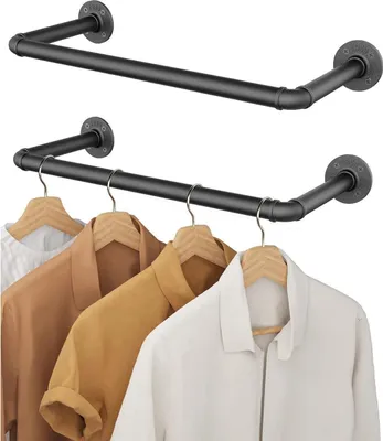 Image de OROPY Tube industriel Barre de penderie Set de 2 pièces pour montage mural 49cm Métal noir
