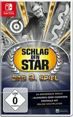 The image is a video game cover for 'Schlag den Star: Das 3. Spiel' on Nintendo Switch. It features the host, game elements like a dartboard and a game board, and promotional text.